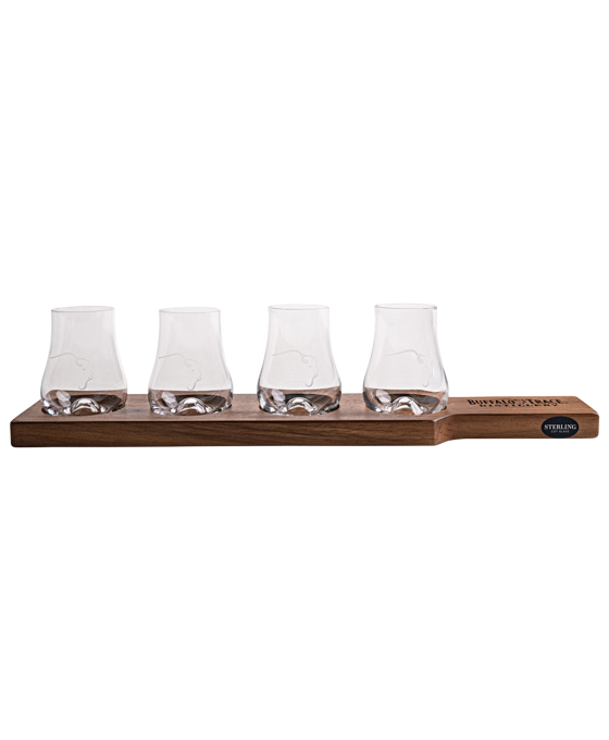 Buffalo Trace Tasting Board with 4 Buffalo tasting glasses.