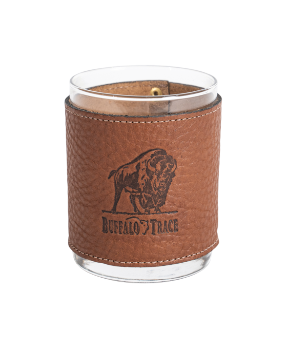 Buffalo Trace Leather Rocks Glass. Wrapped in handcrafted, stitched leather and engraved with our signature Buffalo Trace bourbon logo.