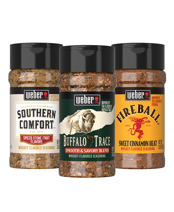 3-pack Weber Seasoning, featuring Buffalo Trace, Southern Comfort, & Fireball whiskey flavors
